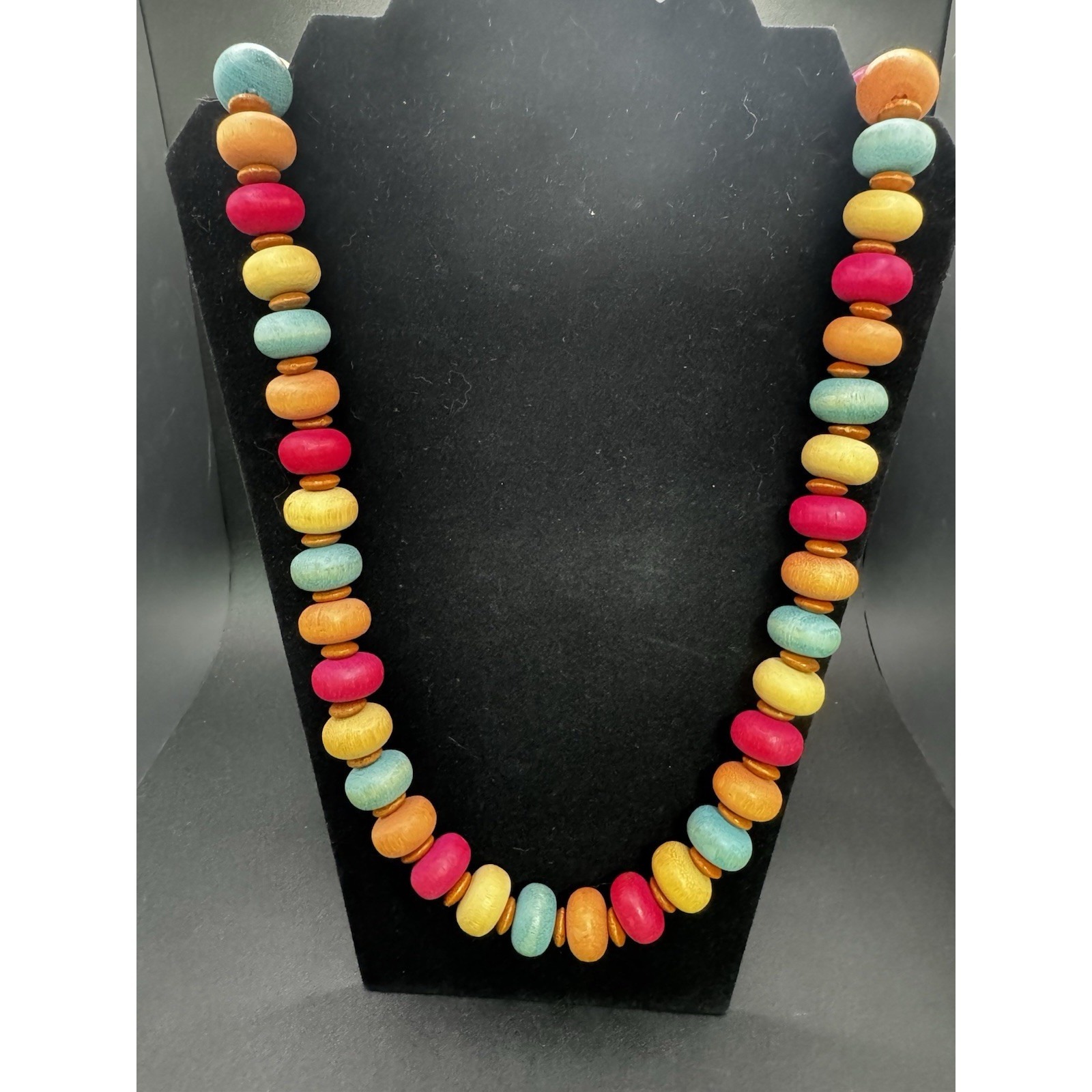 Vintage Chunky Multi Colored Wood Bead Necklace - 14.5" Drop